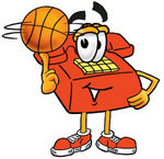 Clip Art Graphic of a Red Landline Telephone Cartoon Character Spinning a Basketball on His Finger