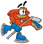 Clip Art Graphic of a Red Landline Telephone Cartoon Character Playing Ice Hockey