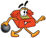 Clip Art Graphic of a Red Landline Telephone Cartoon Character Holding a Bowling Ball