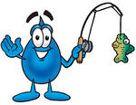 Clip Art Graphic of a Blue Waterdrop or Tear Character Holding a Fish on a Fishing Pole