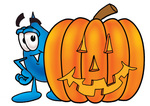 Clip Art Graphic of a Blue Waterdrop or Tear Character With a Carved Halloween Pumpkin