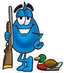 Clip Art Graphic of a Blue Waterdrop or Tear Character Duck Hunting, Standing With a Rifle and Duck