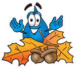 Clip Art Graphic of a Blue Waterdrop or Tear Character With Autumn Leaves and Acorns in the Fall