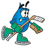 Clip Art Graphic of a Blue Waterdrop or Tear Character Playing Ice Hockey