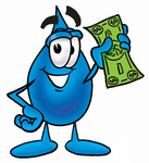Clip Art Graphic of a Blue Waterdrop or Tear Character Holding a Dollar Bill