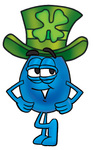 Clip Art Graphic of a Blue Waterdrop or Tear Character Wearing a Saint Patricks Day Hat With a Clover on it