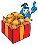 Clip Art Graphic of a Blue Waterdrop or Tear Character Standing by a Christmas Present