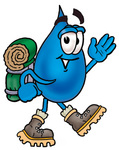 Clip Art Graphic of a Blue Waterdrop or Tear Character Hiking and Carrying a Backpack