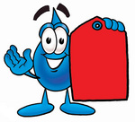 Clip Art Graphic of a Blue Waterdrop or Tear Character Holding a Red Sales Price Tag