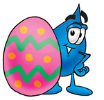 Clip Art Graphic of a Blue Waterdrop or Tear Character Standing Beside an Easter Egg