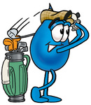 Clip Art Graphic of a Blue Waterdrop or Tear Character Swinging His Golf Club While Golfing