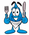 Clip Art Graphic of a Blue Waterdrop or Tear Character Holding a Knife and Fork