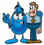 Clip Art Graphic of a Blue Waterdrop or Tear Character Talking to a Business Man