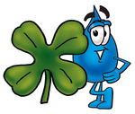 Clip Art Graphic of a Blue Waterdrop or Tear Character With a Green Four Leaf Clover on St Paddy’s or St Patricks Day