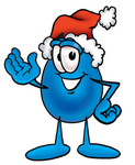 Clip Art Graphic of a Blue Waterdrop or Tear Character Wearing a Santa Hat and Waving