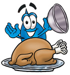 Clip Art Graphic of a Blue Waterdrop or Tear Character Serving a Thanksgiving Turkey on a Platter