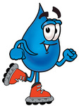 Clip Art Graphic of a Blue Waterdrop or Tear Character Roller Blading on Inline Skates