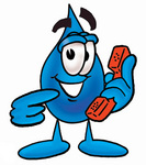 Clip Art Graphic of a Blue Waterdrop or Tear Character Holding a Telephone