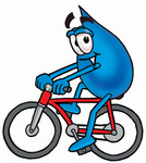 Clip Art Graphic of a Blue Waterdrop or Tear Character Riding a Bicycle