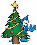 Clip Art Graphic of a Blue Waterdrop or Tear Character Waving and Standing by a Decorated Christmas Tree