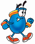 Clip Art Graphic of a Blue Waterdrop or Tear Character Speed Walking or Jogging