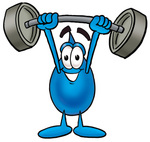 Clip Art Graphic of a Blue Waterdrop or Tear Character Holding a Heavy Barbell Above His Head