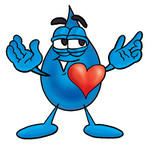 Clip Art Graphic of a Blue Waterdrop or Tear Character With His Heart Beating Out of His Chest