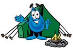 Clip Art Graphic of a Blue Waterdrop or Tear Character Camping With a Tent and Fire