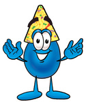 Clip Art Graphic of a Blue Waterdrop or Tear Character Wearing a Birthday Party Hat
