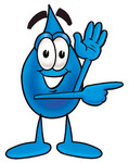 Clip Art Graphic of a Blue Waterdrop or Tear Character Waving and Pointing