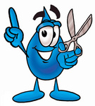 Clip Art Graphic of a Blue Waterdrop or Tear Character Holding a Pair of Scissors