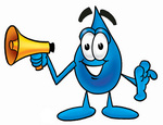 Clip Art Graphic of a Blue Waterdrop or Tear Character Holding a Megaphone