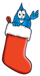 Clip Art Graphic of a Blue Waterdrop or Tear Character Inside a Red Christmas Stocking