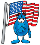 Clip Art Graphic of a Blue Waterdrop or Tear Character Pledging Allegiance to an American Flag