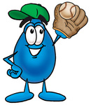 Clip Art Graphic of a Blue Waterdrop or Tear Character Catching a Baseball With a Glove