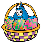 Clip Art Graphic of a Blue Waterdrop or Tear Character in an Easter Basket Full of Decorated Easter Eggs