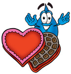 Clip Art Graphic of a Blue Waterdrop or Tear Character With an Open Box of Valentines Day Chocolate Candies