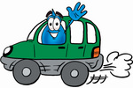 Clip Art Graphic of a Blue Waterdrop or Tear Character Driving a Green Car and Waving