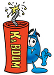 Clip Art Graphic of a Blue Waterdrop or Tear Character Standing With a Lit Stick of Dynamite