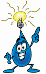 Clip Art Graphic of a Blue Waterdrop or Tear Character With a Bright Idea