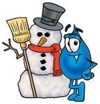 Clip Art Graphic of a Blue Waterdrop or Tear Character With a Snowman on Christmas
