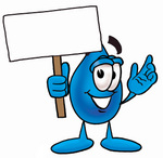 Clip Art Graphic of a Blue Waterdrop or Tear Character Holding a Blank Sign