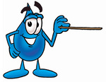 Clip Art Graphic of a Blue Waterdrop or Tear Character Holding a Pointer Stick