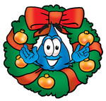 Clip Art Graphic of a Blue Waterdrop or Tear Character in the Center of a Christmas Wreath