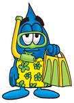 Clip Art Graphic of a Blue Waterdrop or Tear Character in Green and Yellow Snorkel Gear