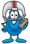 Clip Art Graphic of a Blue Waterdrop or Tear Character in a Helmet, Holding a Football
