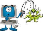 Clip Art Graphic of a Shocked Desktop Computer Cartoon Character With an Ugly Green Octopus Hooked on His Fishing Pole