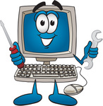 Clip Art Graphic of a Desktop Computer Cartoon Character Holding a Wrench and Screwdriver