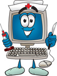 Clip Art Graphic of a Desktop Computer Nurse Cartoon Character Holding a Syringe and Scalpel