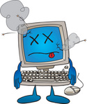 Clip Art Graphic of a Sick Desktop Computer Cartoon Character With a Virus